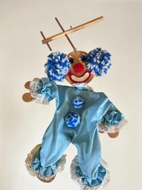 Vintage Wooden Clown Marionette Puppet Blue Costume Handmade Decor Toy